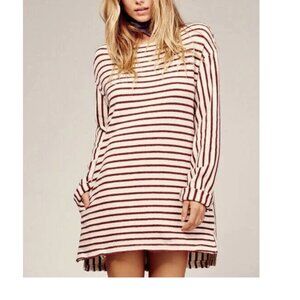Free People Come On Over White Burgundy Striped Tunic Dress Size Small